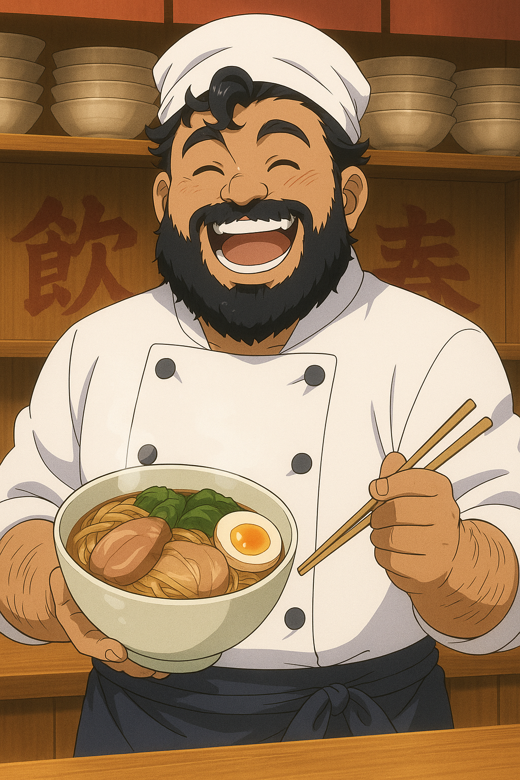 Chef Godfrey with a bowl of ramen